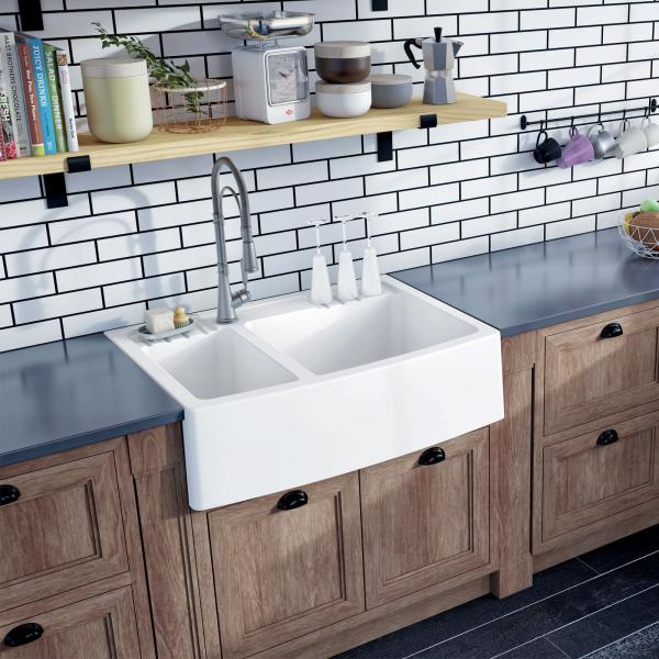 High-quality sink Clotaire III granit white - one and a half bowl - ambience