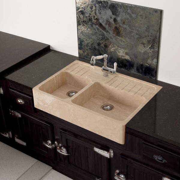 High-quality sink Charles II - one and a half bowl, travertine - ambience 1